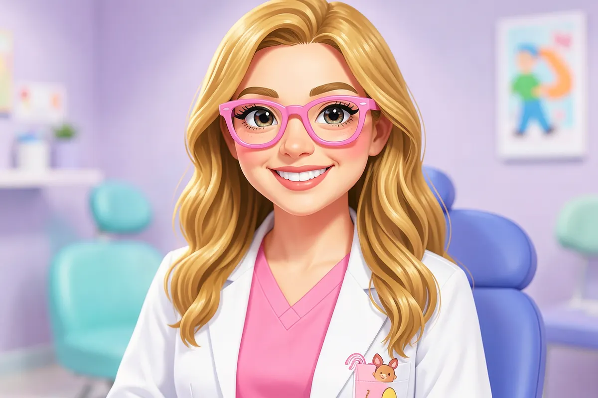 Retrato de uma dentista pediátrica sorridente com cabelo loiro ondulado e óculos cor-de-rosa, em um consultório moderno e acolhedor.