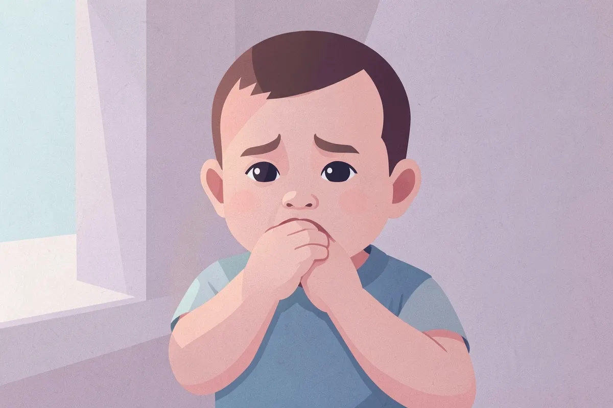 Um bebê com a mão na boca, parecendo desconfortável, em plano médio, com luz natural de uma janela lateral, em um momento de irritação.