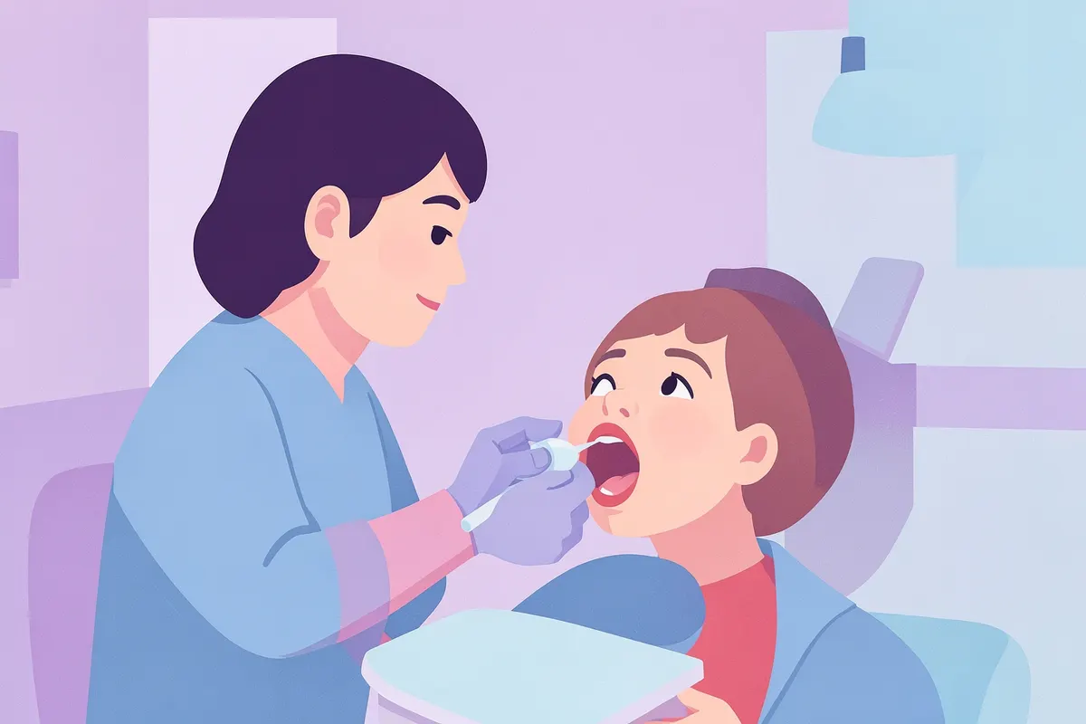 Um odontopediatra examinando a boca de um bebê com um pequeno espelho, em plano médio, com luz clínica vinda da frente, em um momento de consulta.
