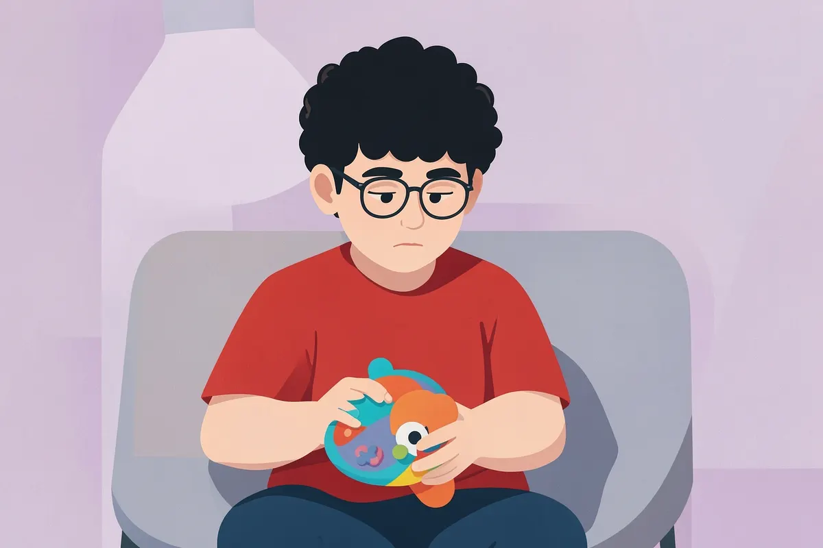 Criança autista brincando com um brinquedo sensorial enquanto espera no consultório odontológico.