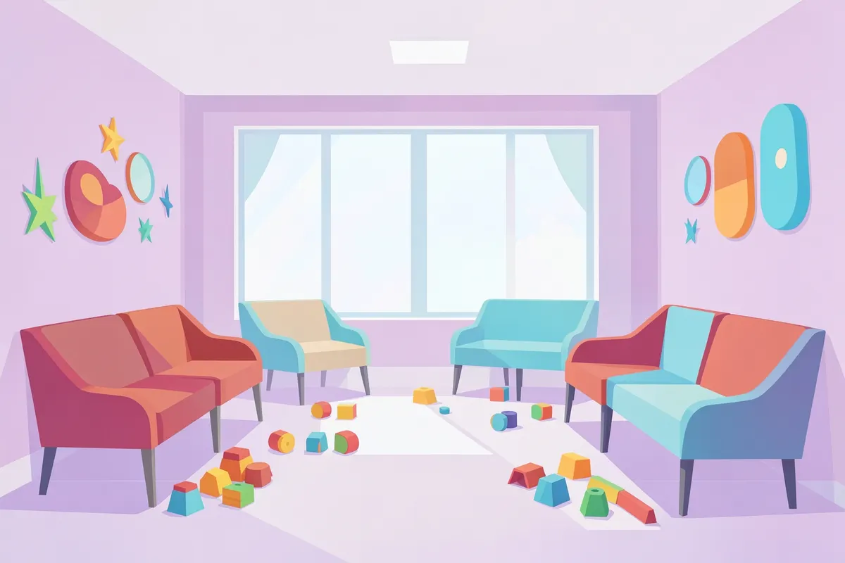 Uma sala de espera de consultório odontológico com brinquedos e assentos confortáveis para crianças.