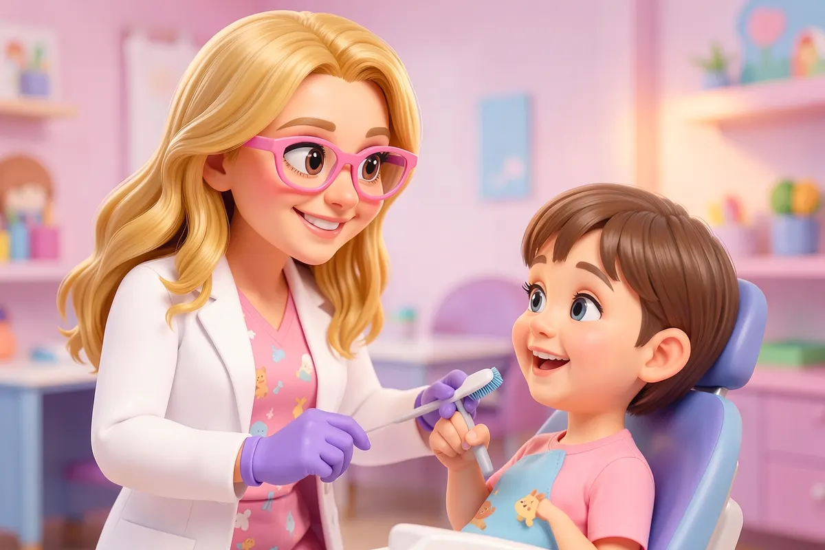 Uma dentista infantil explicando a importância da escovação para uma criança sentada em uma cadeira de dentista, ambos sorrindo.