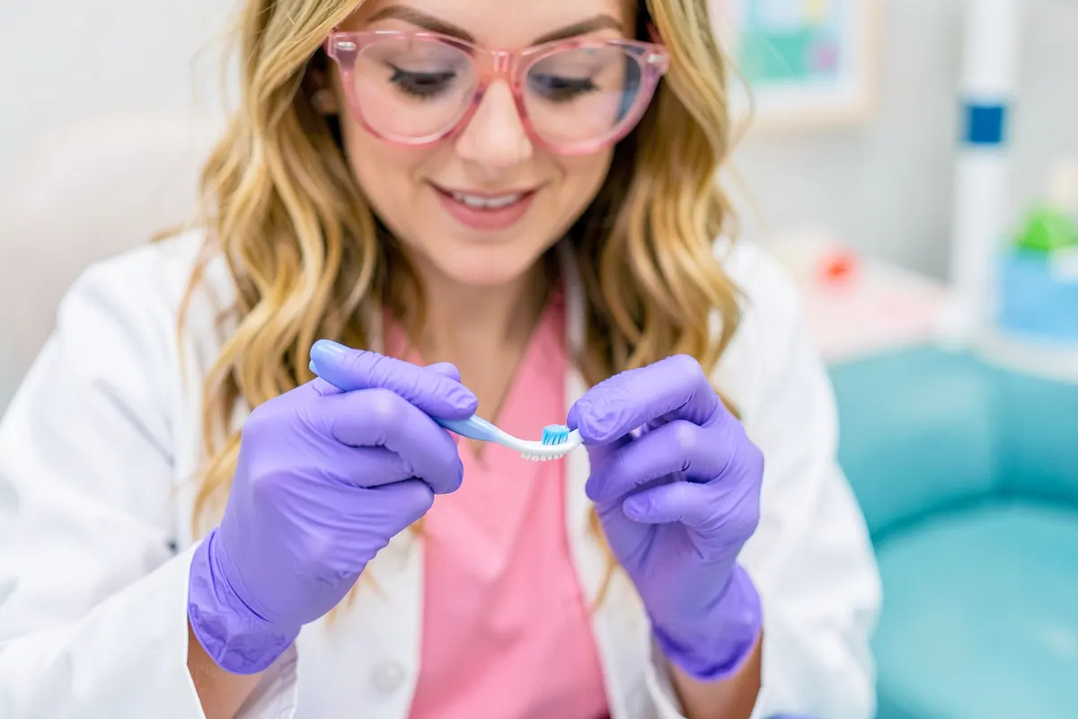 Uma dentista infantil demonstrando o uso correto da escova de dentes e fio dental para uma criança em um consultório.
