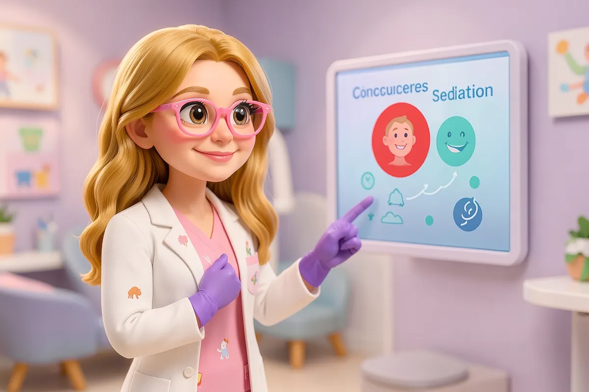 Gráfico simples mostrando benefícios da sedação consciente com ícones de sorriso e tranquilidade.