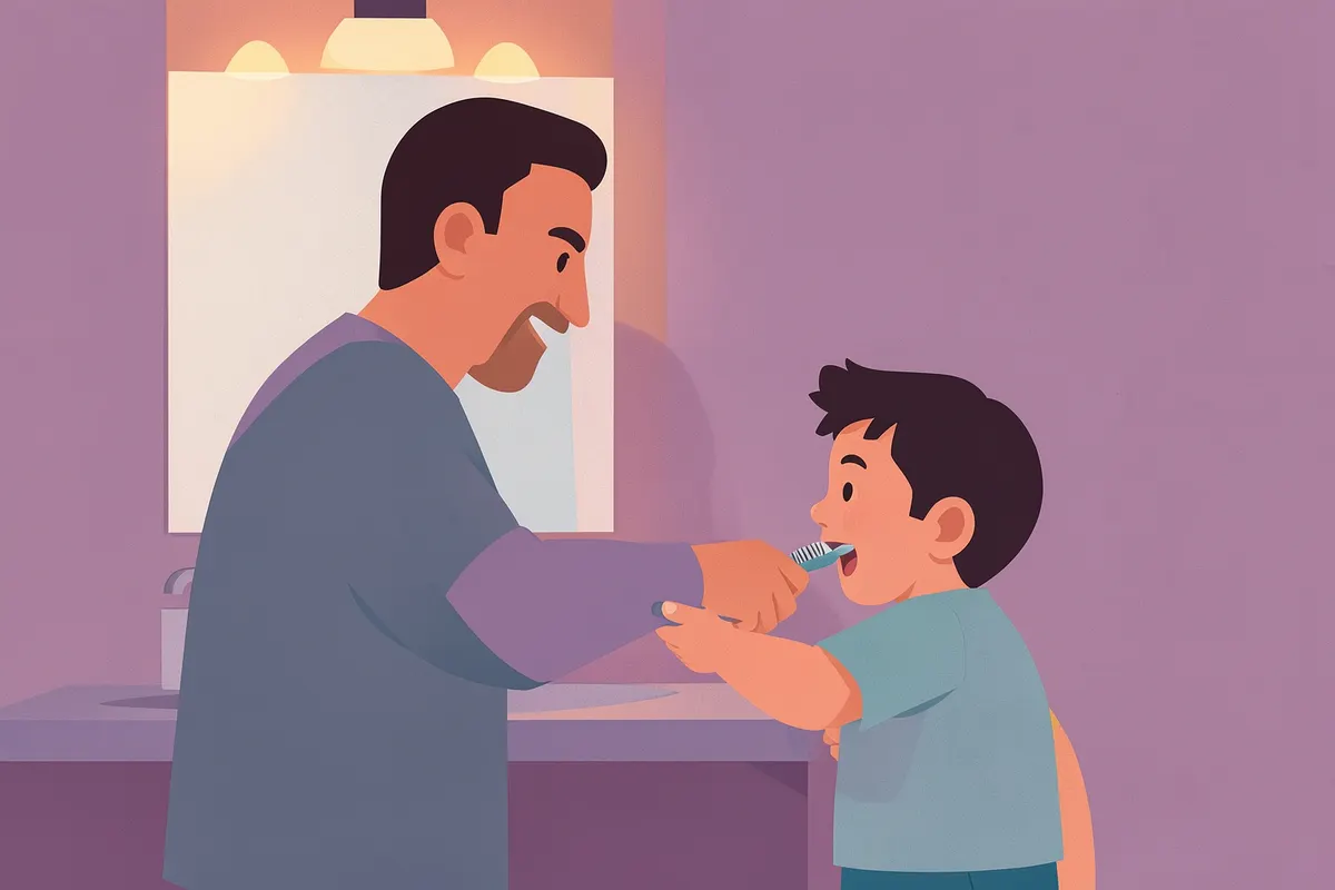 Seção 2: Pai ensinando filho a escovar os dentes no banheiro.