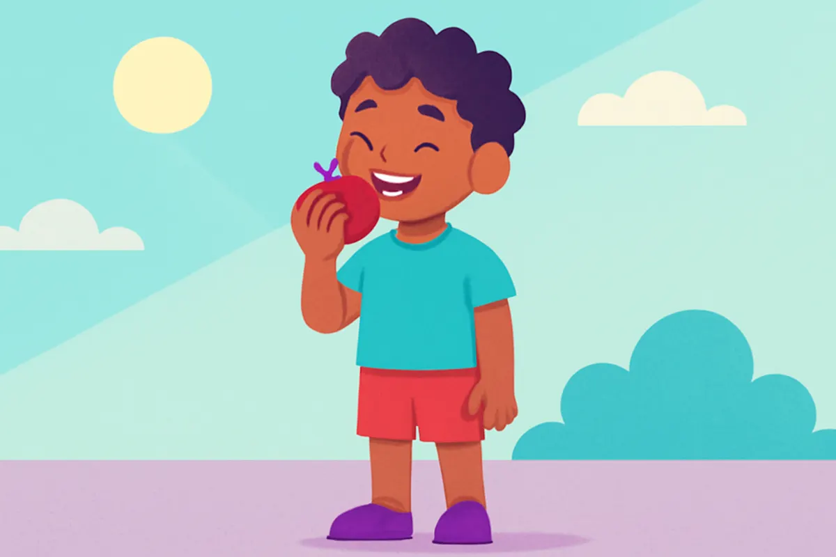 Seção 3: Criança comendo uma maçã com um sorriso saudável.