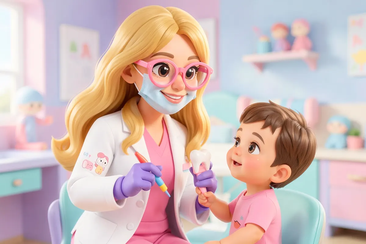 Uma dentista pediátrica sorridente com cabelo loiro dourado e óculos cor-de-rosa, vestindo jaleco branco sobre scrubs cor-de-rosa, segura um fio dental colorido e um modelo de dente, incentivando uma criança pequena a tentar.