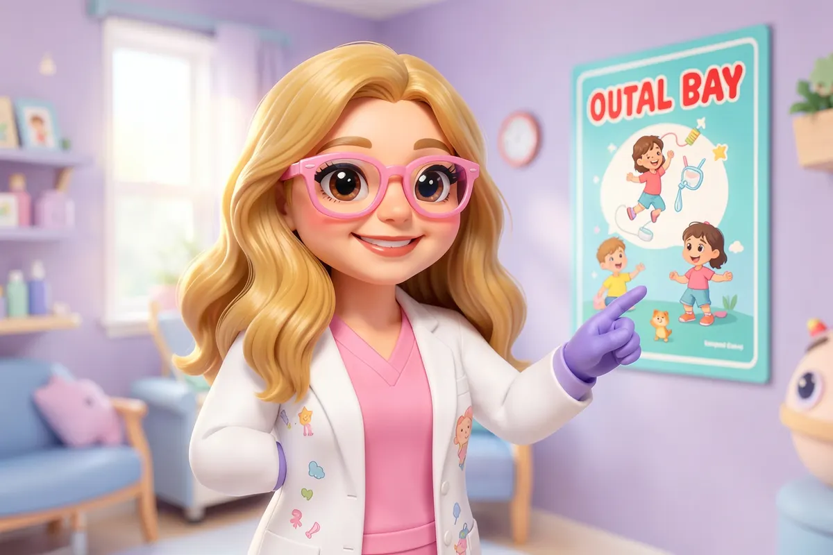 Uma dentista pediátrica sorridente com cabelo loiro dourado e óculos cor-de-rosa, vestindo jaleco branco sobre scrubs cor-de-rosa, aponta para um pôster educativo sobre higiene bucal em uma parede de consultório infantil.