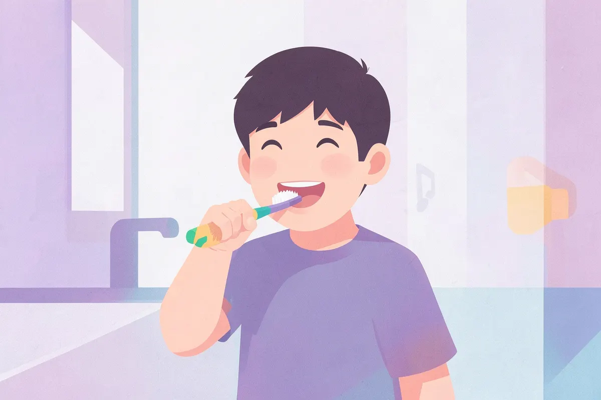 Menino autista escovando os dentes com uma escova de dentes colorida e música animada ao fundo.