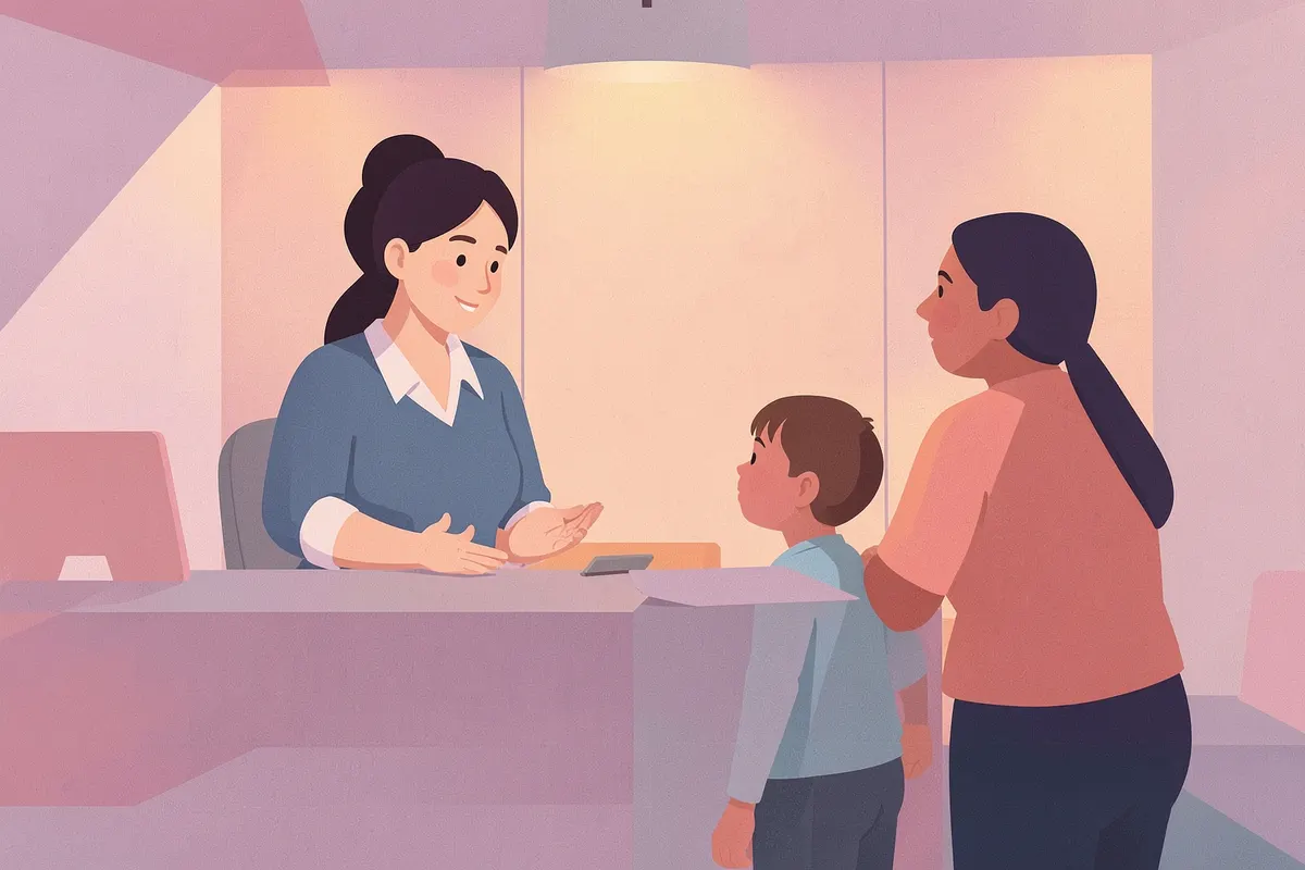 Recepcionista de consultório odontológico conversando com pais sobre as necessidades especiais de uma criança autista.
