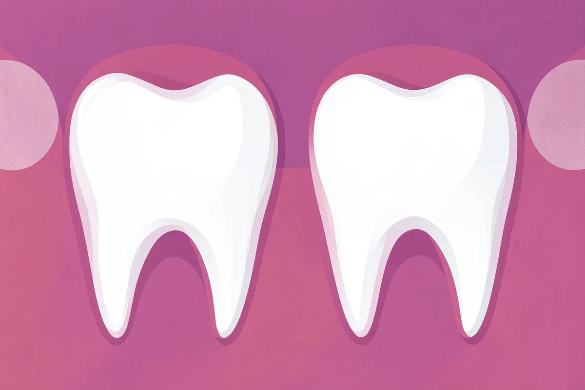 Dente de leite persistente e dente permanente irrompendo ao lado, em close-up.