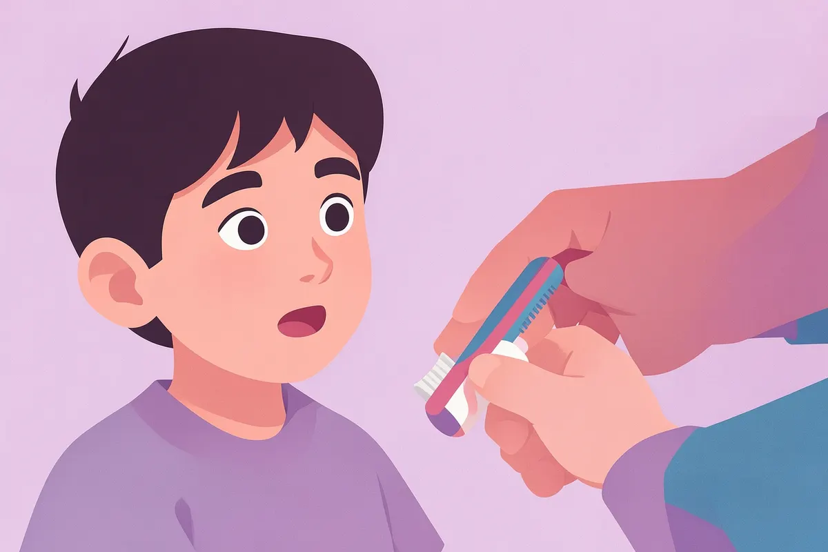 Seção 1: Menino autista olhando com curiosidade para um modelo de dente e escova de dentes nas mãos de um adulto.
