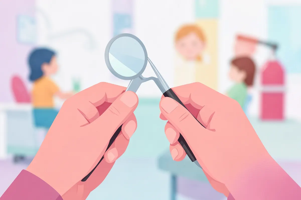 Seção 3: Close-up de mãos de dentista segurando um pequeno espelho e explorador, com foco suave ao fundo em um consultório infantil.