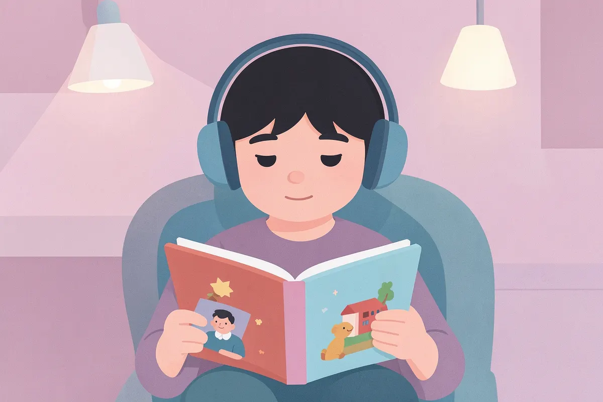 Seção 4: Criança autista usando fones de ouvido com cancelamento de ruído e olhando para um livro ilustrado em um consultório odontológico calmo.