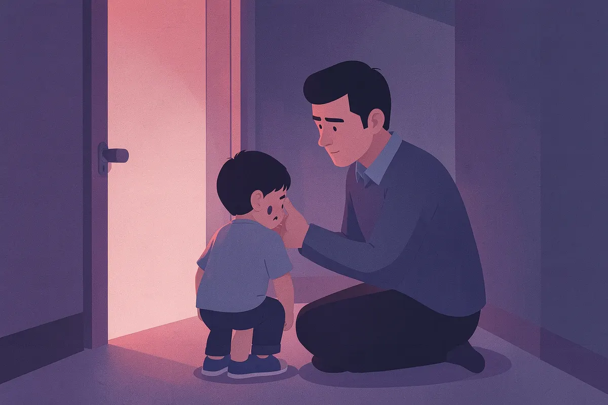 Seção 5: Um pai consolando seu filho autista que demonstra ansiedade em frente a uma porta de consultório odontológico.