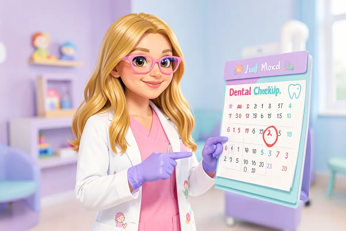 Uma dentista pediátrica sorridente com óculos cor-de-rosa e cabelo loiro ondulado, usando jaleco branco sobre scrubs cor-de-rosa, aponta para um calendário com um círculo em um dente, em um consultório infantil moderno.