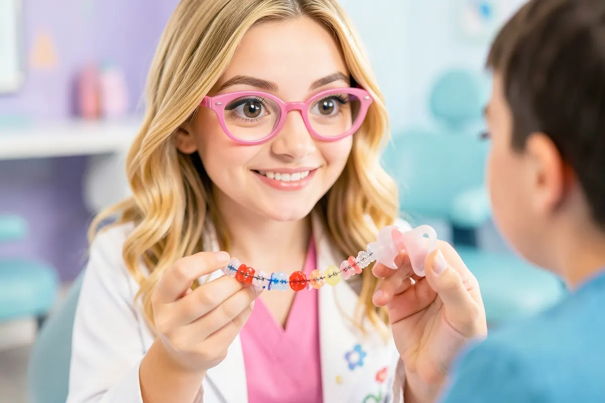 Uma dentista pediátrica sorridente com óculos cor-de-rosa e cabelo loiro ondulado, usando jaleco branco sobre scrubs cor-de-rosa, mostra diferentes tipos de aparelhos ortodônticos infantis (fixo, móvel, expansor) para uma criança em um consultório moderno.