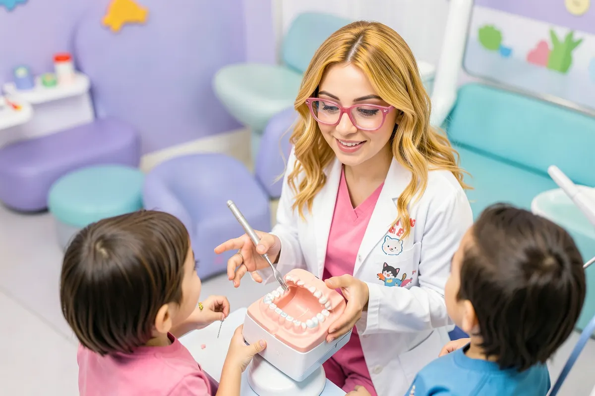 Uma dentista pediátrica sorridente com óculos cor-de-rosa e cabelo loiro ondulado, usando jaleco branco sobre scrubs cor-de-rosa, explica o processo de tratamento ortodôntico infantil para uma criança e seus pais em um consultório moderno, com um modelo de dentes em destaque.