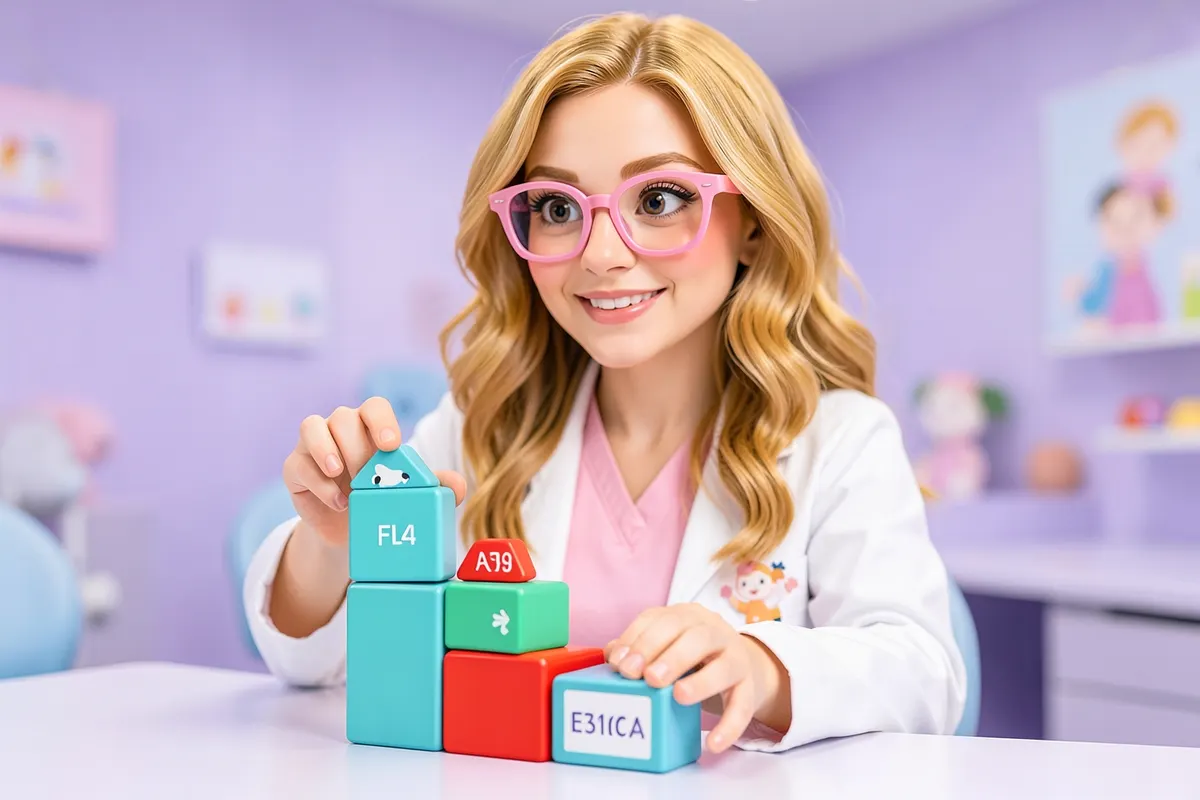 Uma dentista pediátrica sorridente com óculos cor-de-rosa e cabelo loiro ondulado, usando jaleco branco sobre scrubs cor-de-rosa, organiza blocos coloridos em uma escada crescente para representar as etapas e custos do tratamento ortodôntico infantil em um consultório moderno.