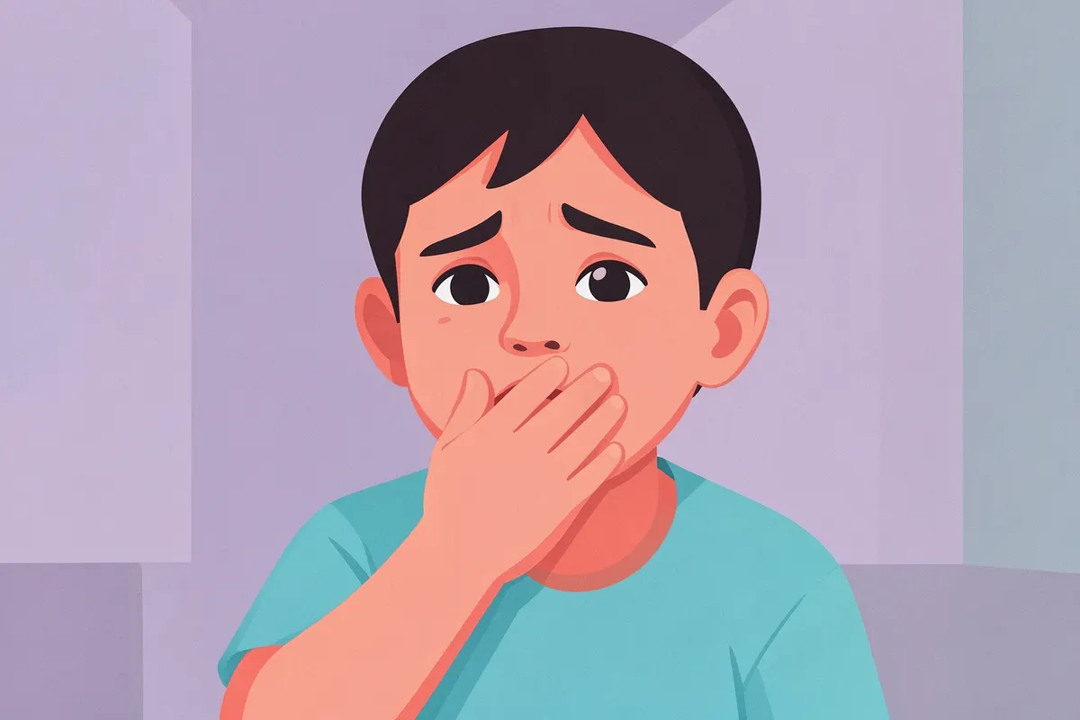 Criança com a mão na boca, expressando desconforto, com um leve inchaço visível na gengiva.