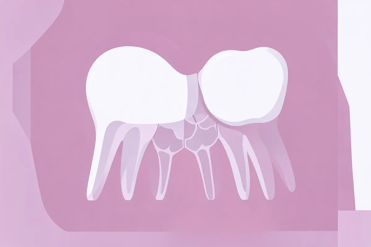 Radiografia mostrando a coroa de um dente permanente começando a empurrar o dente de leite, com foco na raiz e no osso circundante.