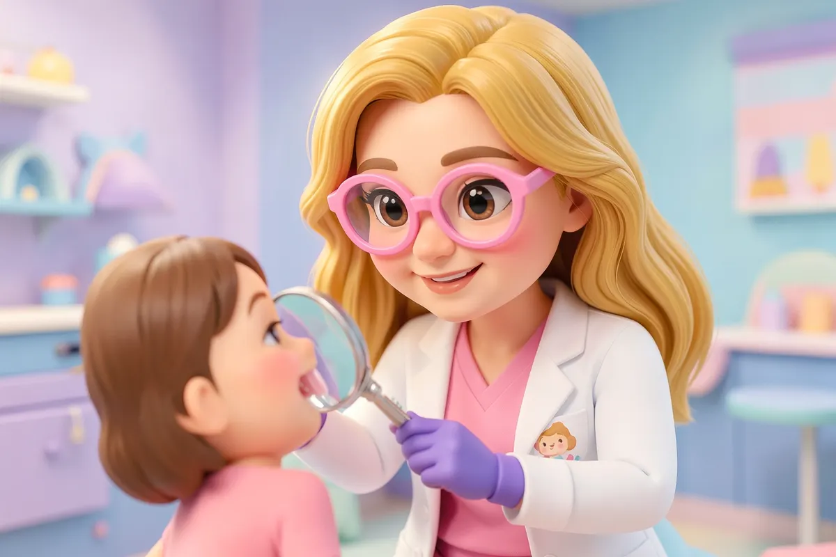 Uma dentista pediátrica com cabelo loiro ondulado e óculos cor-de-rosa, usando jaleco branco sobre scrubs cor-de-rosa, examina gentilmente um dente de criança com uma pequena lupa, em um consultório odontológico infantil com fundo suave e arredondado.