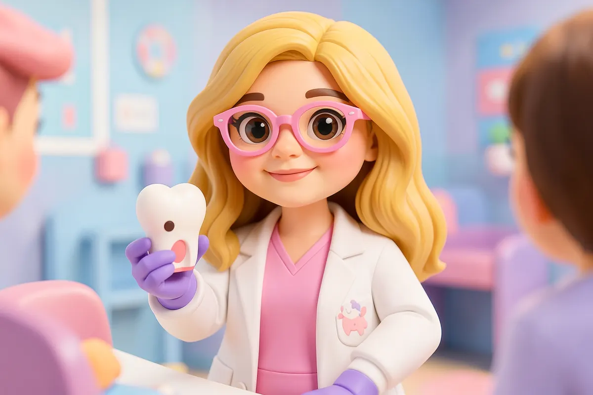 Uma dentista pediátrica sorridente, com cabelo loiro ondulado e óculos cor-de-rosa, aponta para um modelo de dente com uma pequena mancha escura, explicando para uma criança imaginária em um consultório odontológico infantil moderno.