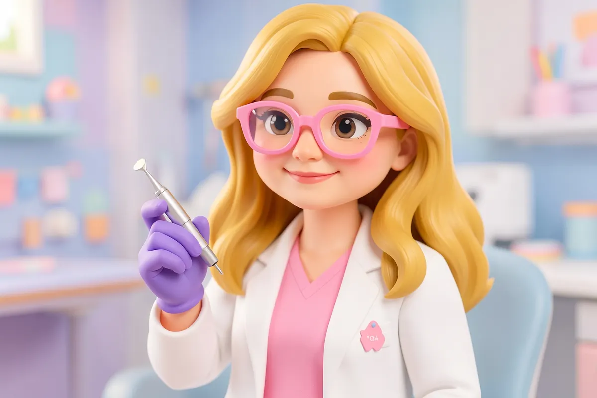 Uma dentista pediátrica com cabelo loiro ondulado e óculos cor-de-rosa, vestindo jaleco branco sobre scrubs cor-de-rosa, segura uma broca odontológica pequena e delicada, pronta para tratar um dente infantil em um consultório moderno e acolhedor.
