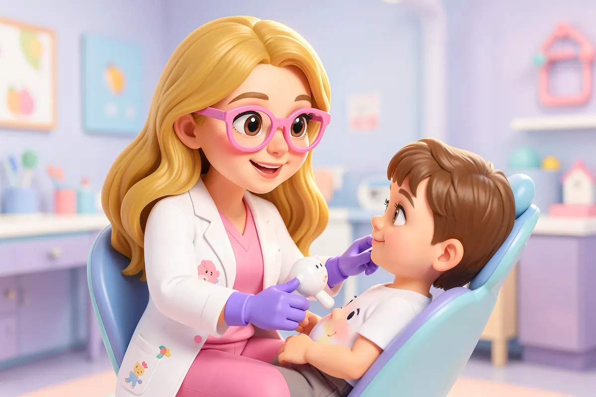 Uma dentista pediátrica com cabelo loiro ondulado e óculos cor-de-rosa, vestindo jaleco branco sobre scrubs cor-de-rosa, conforta gentilmente uma criança sentada em uma cadeira odontológica, oferecendo um pequeno brinquedo em um consultório infantil moderno e seguro.