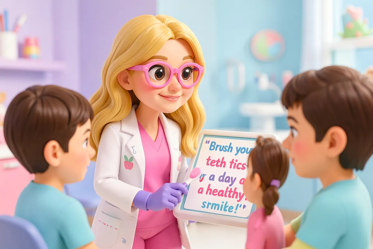 Uma dentista pediátrica sorridente, com cabelo loiro ondulado e óculos cor-de-rosa, usando jaleco branco sobre scrubs cor-de-rosa, mostra um gráfico simples de escovação de dentes para pais e filhos em um consultório odontológico infantil moderno.