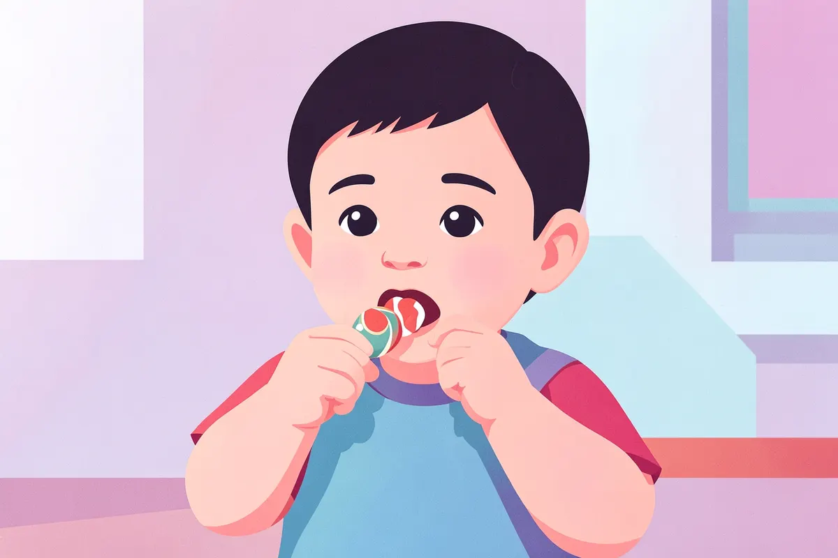 Criança pequena comendo doce, com um dente escurecido visível.