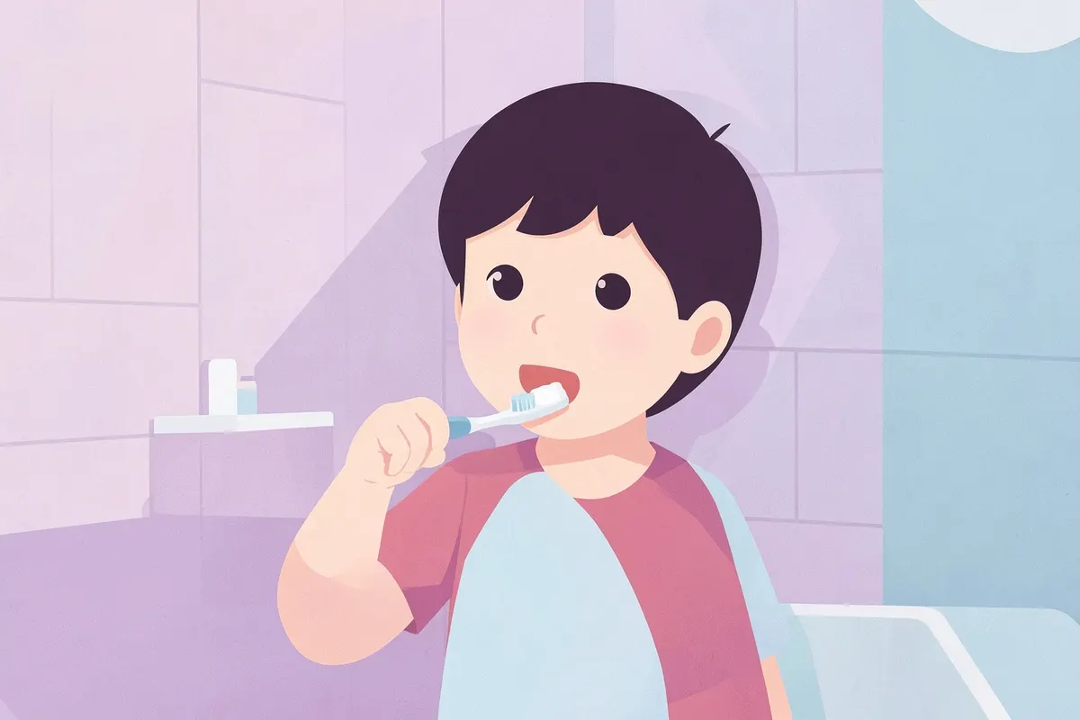 Criança escovando os dentes com pasta de dente e escova.