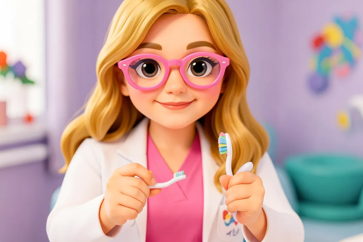 Uma dentista pediátrica com cabelo loiro ondulado e óculos cor-de-rosa, em um jaleco branco, mostra uma escova de dentes infantil com cerdas macias e coloridas, com foco nas cerdas.