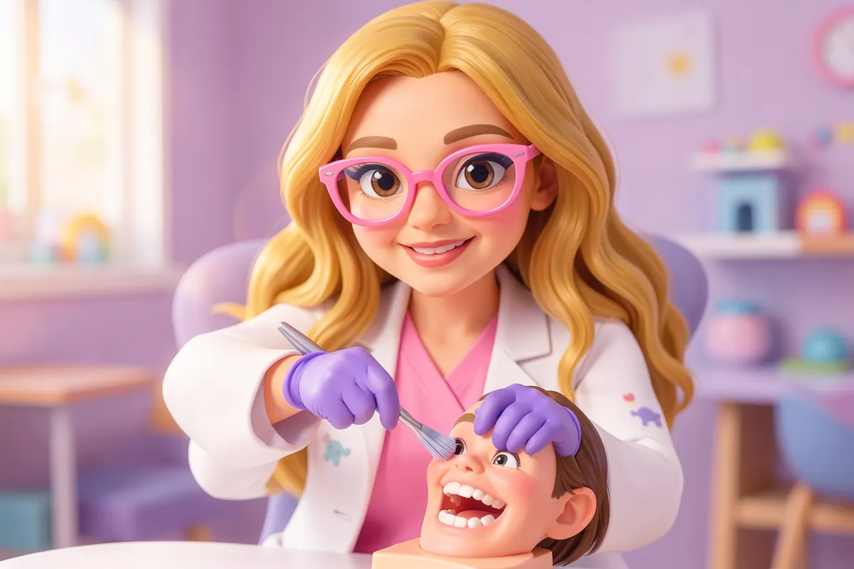 Uma dentista pediátrica com cabelo loiro ondulado e óculos cor-de-rosa, em um jaleco branco, demonstra a técnica de escovação circular em um modelo de dente infantil.
