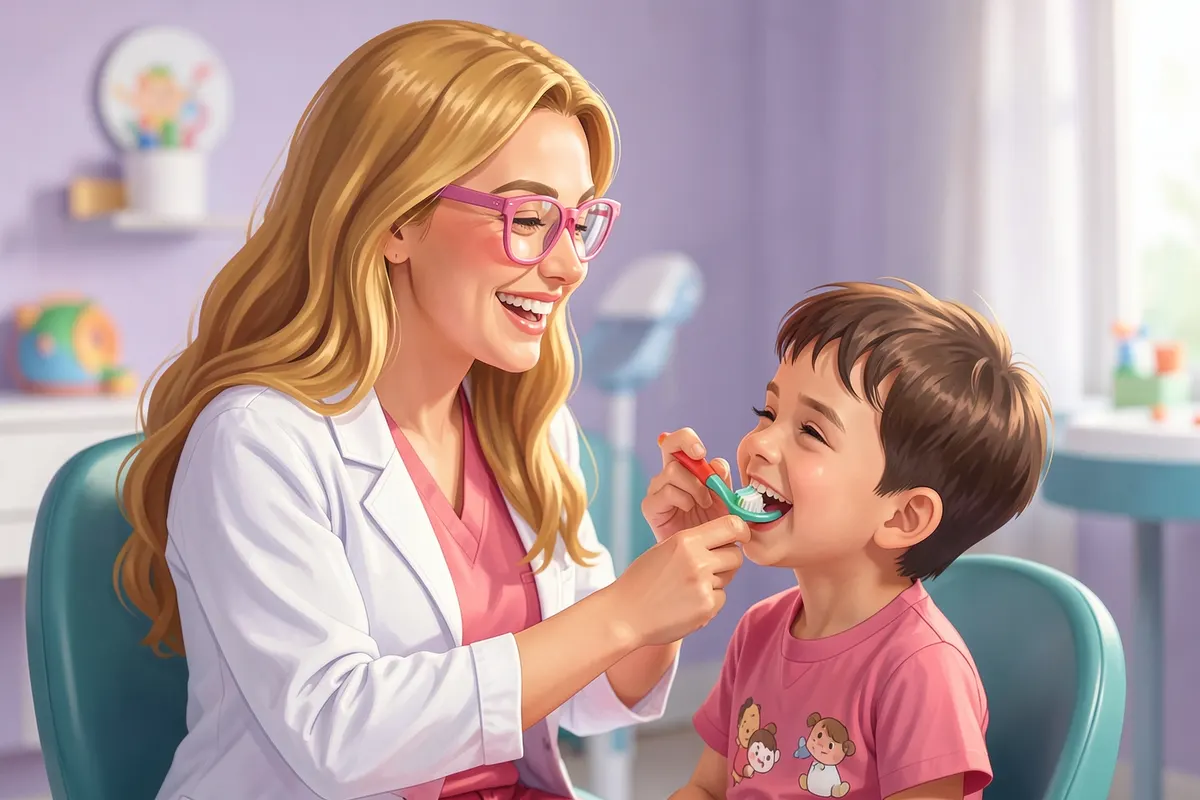 Uma dentista pediátrica sorridente com cabelo loiro ondulado e óculos cor-de-rosa, em um jaleco branco, brinca com uma criança enquanto escova seus dentes com uma escova de dentes colorida.