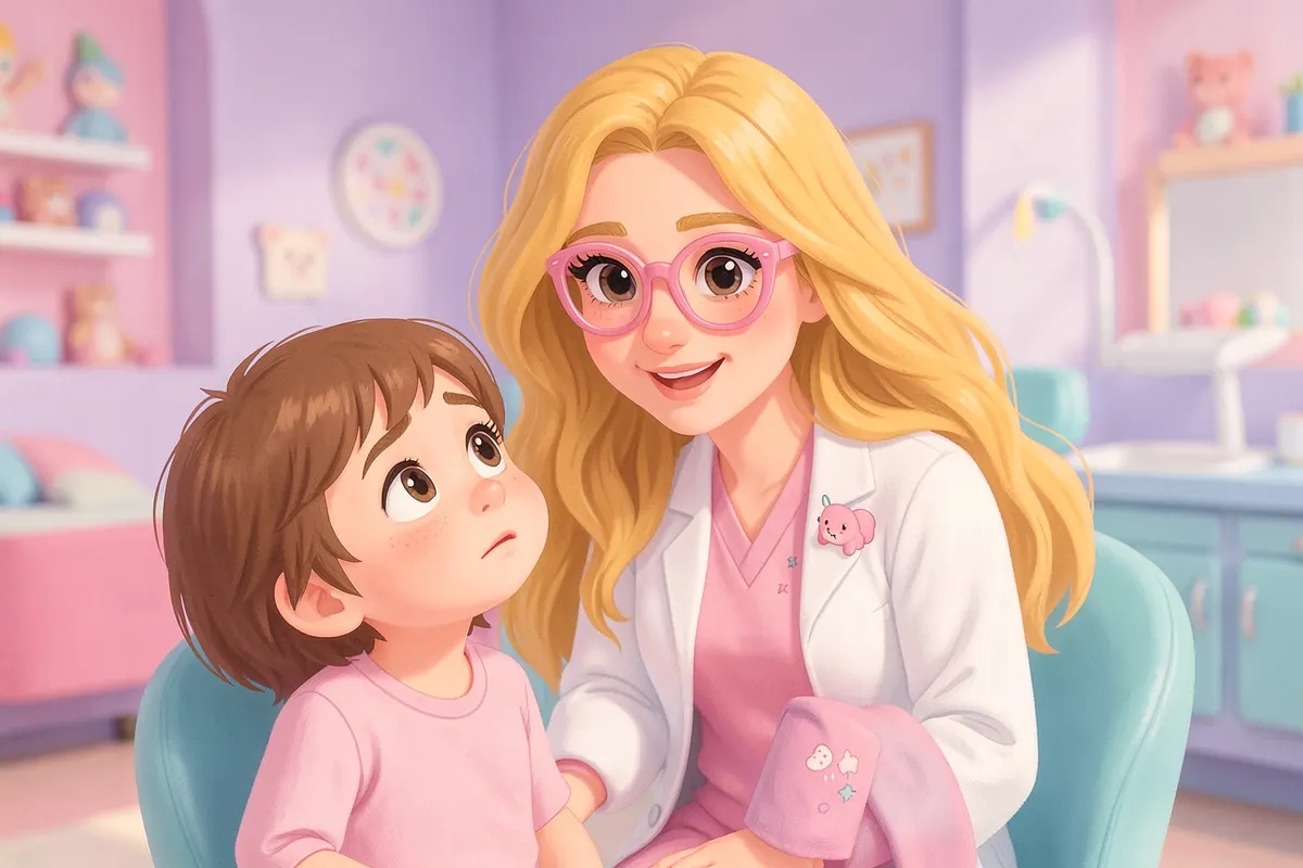 Uma dentista pediátrica com cabelo loiro ondulado e óculos cor-de-rosa, em um jaleco branco, conforta gentilmente uma criança que parece um pouco apreensiva em um consultório odontológico infantil.