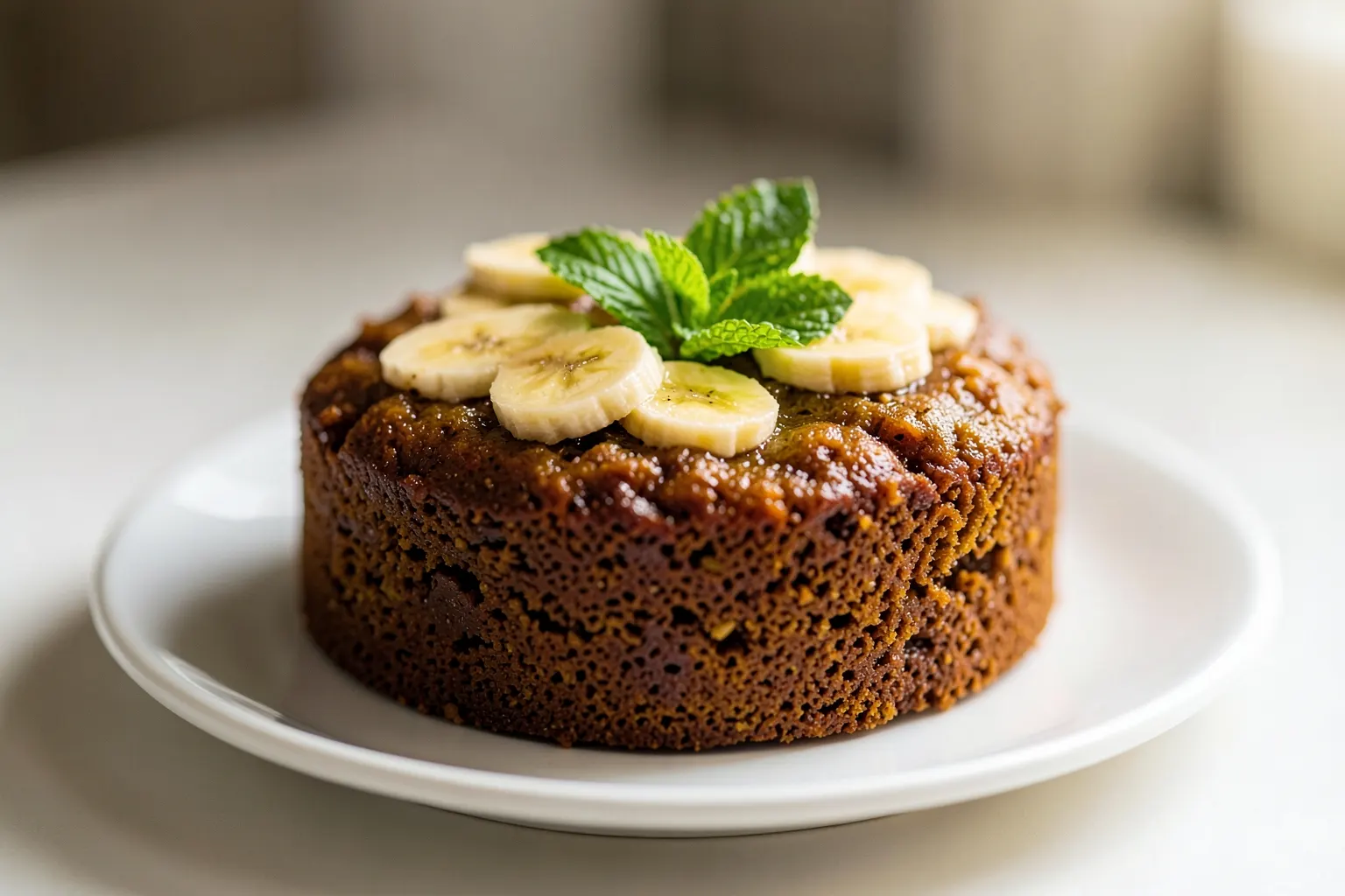 Bolo de banana fit sem açúcar e sem farinha de trigo em um prato branco decorado com rodelas de banana e folhas verdes.