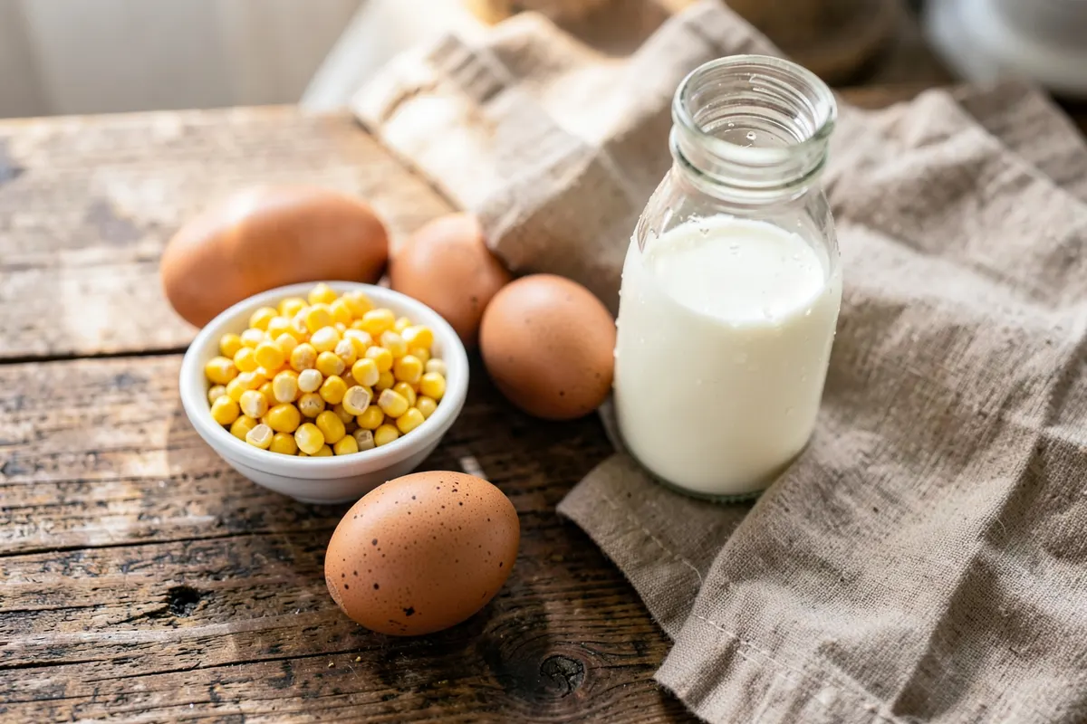Ingredientes para bolo de milho dispostos sobre uma bancada de madeira.