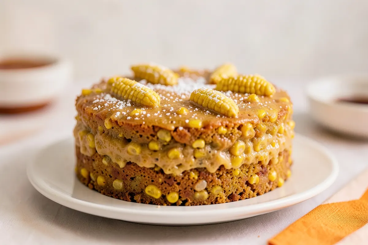 Bolo de milho cremoso decorado com espigas de milho em miniatura.