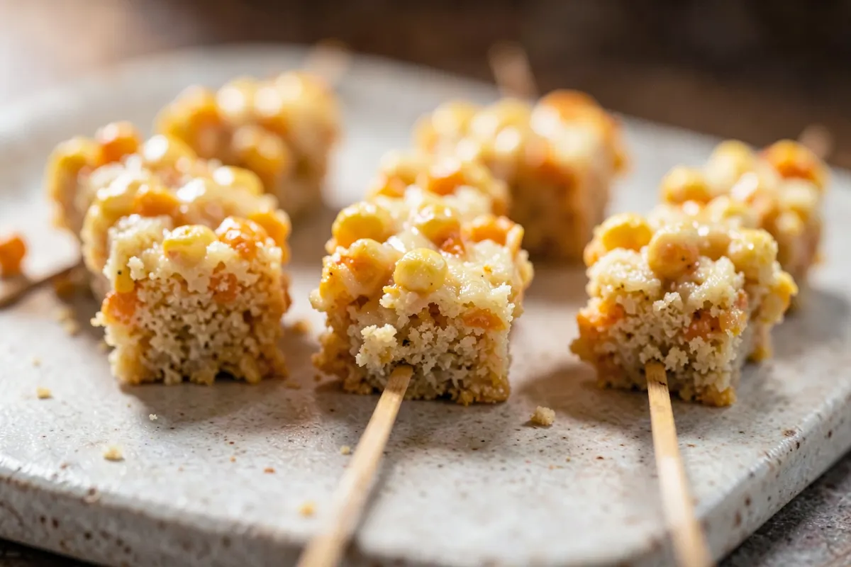 Espetos de palito com pedaços de bolo de milho cremoso.