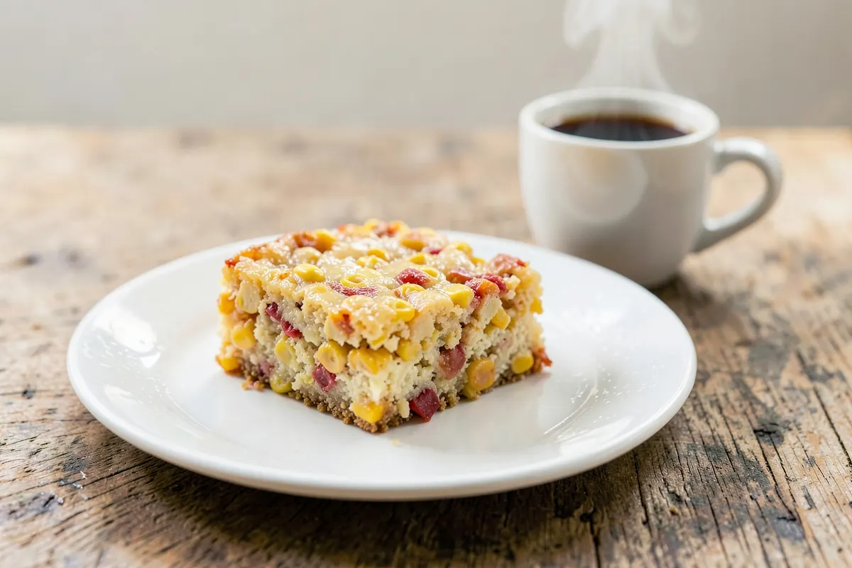 Fatia de bolo de milho cremoso servida com uma xícara de café.