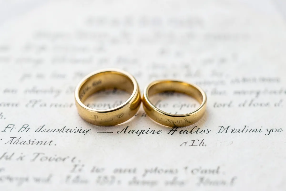 Dois anéis de casamento dourados sobre um documento legal, simbolizando o regime de bens.