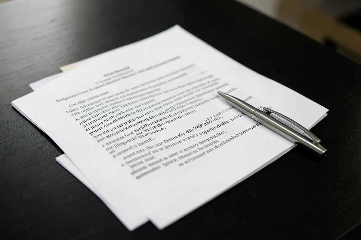 Um documento legal aberto com uma caneta ao lado, representando os direitos e deveres na união estável.