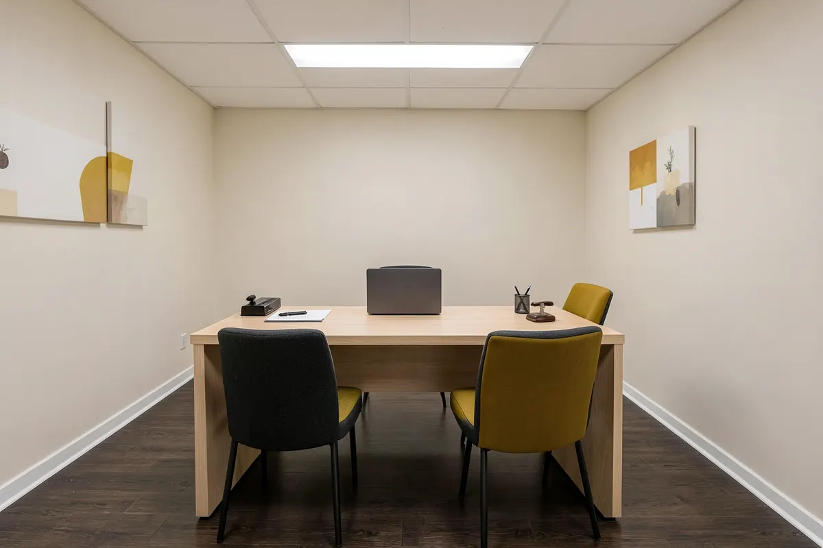 Um cartório com uma mesa e duas cadeiras, simbolizando a formalização da união estável.