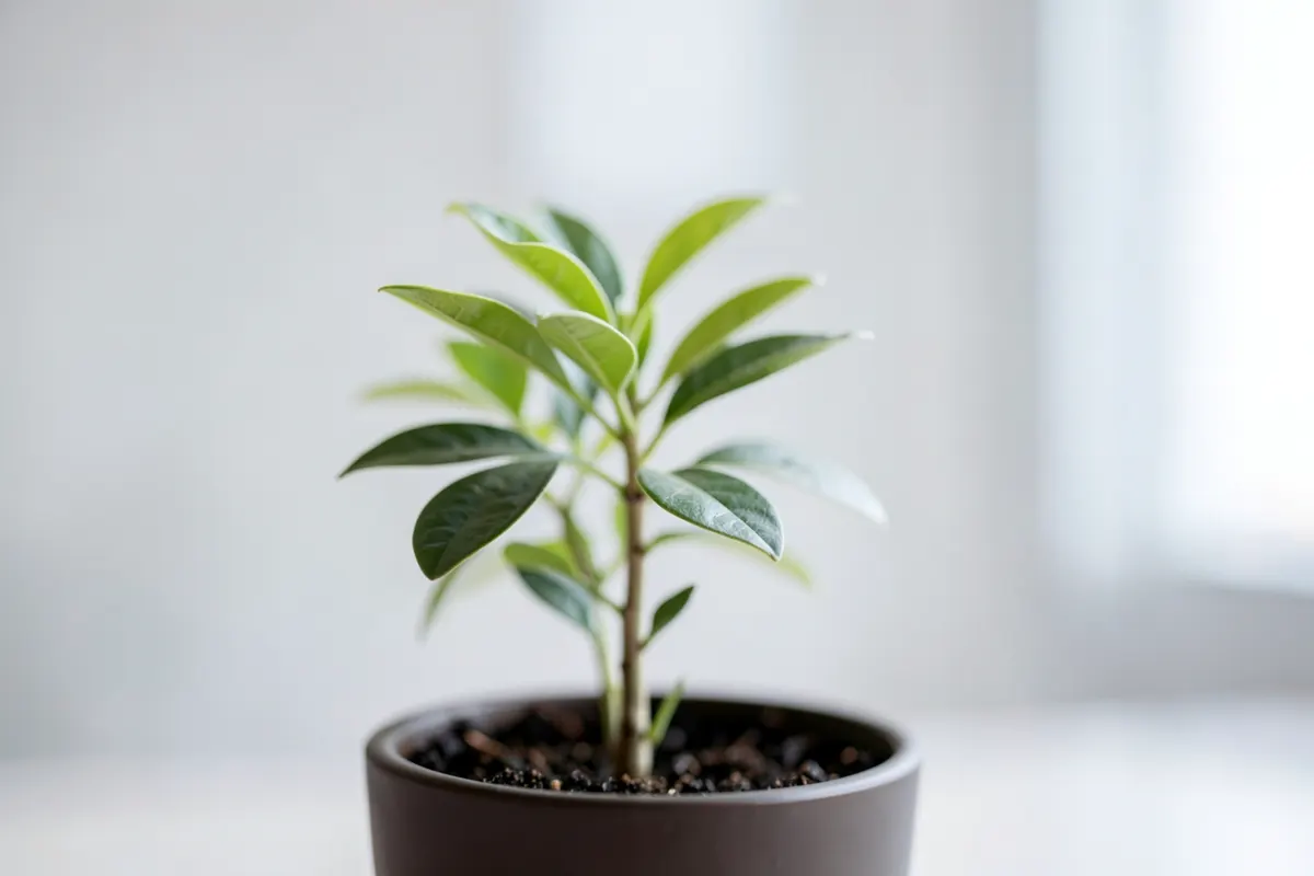 Uma planta crescendo em um vaso, em close-up, com luz suave vindo de cima.