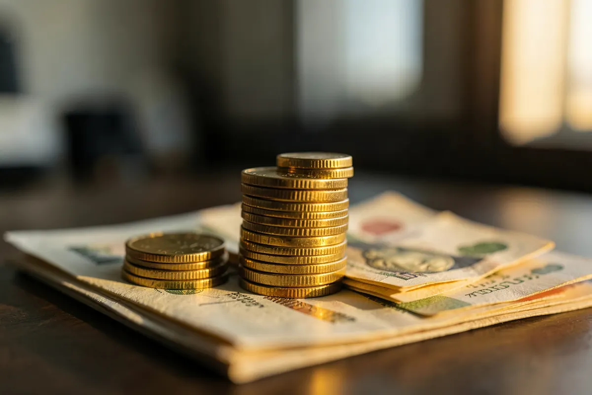 Uma pilha de moedas de ouro e notas de dinheiro dobradas sobre um fundo desfocado.
