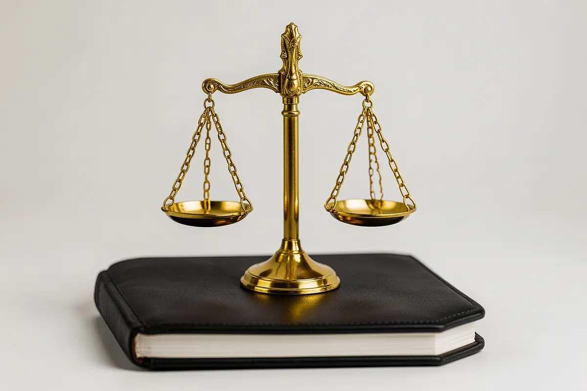 Uma balança da justiça dourada em cima de um bloco de notas fechado.