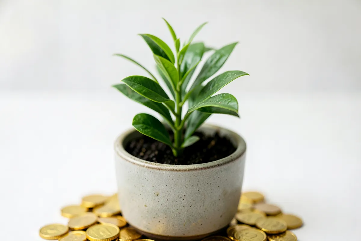 Uma planta crescendo em um vaso de cerâmica, com moedas de ouro ao redor da base.
