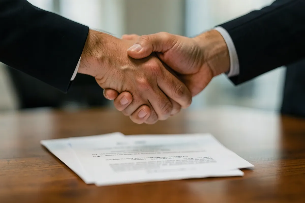 Um aperto de mãos com um contrato de divórcio ao fundo.