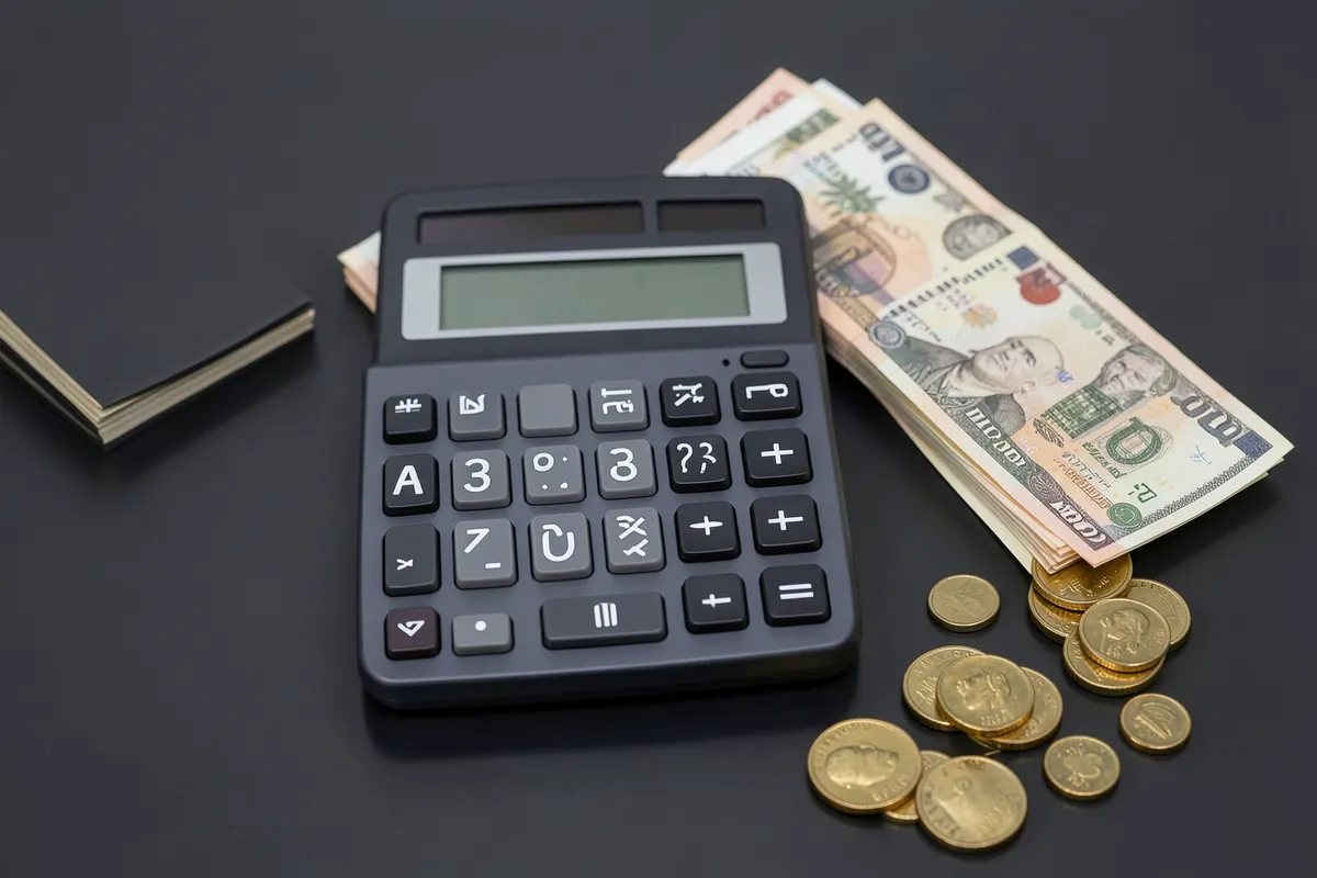 Uma calculadora ao lado de notas de dinheiro e moedas.